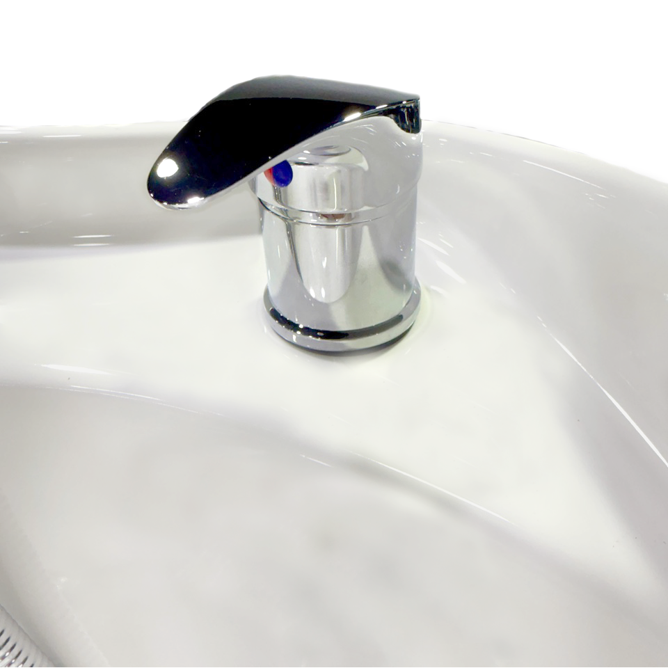 Closeup of the UPC faucet on the SSW Cloudburst Halo Head Spa Conversion Kit.