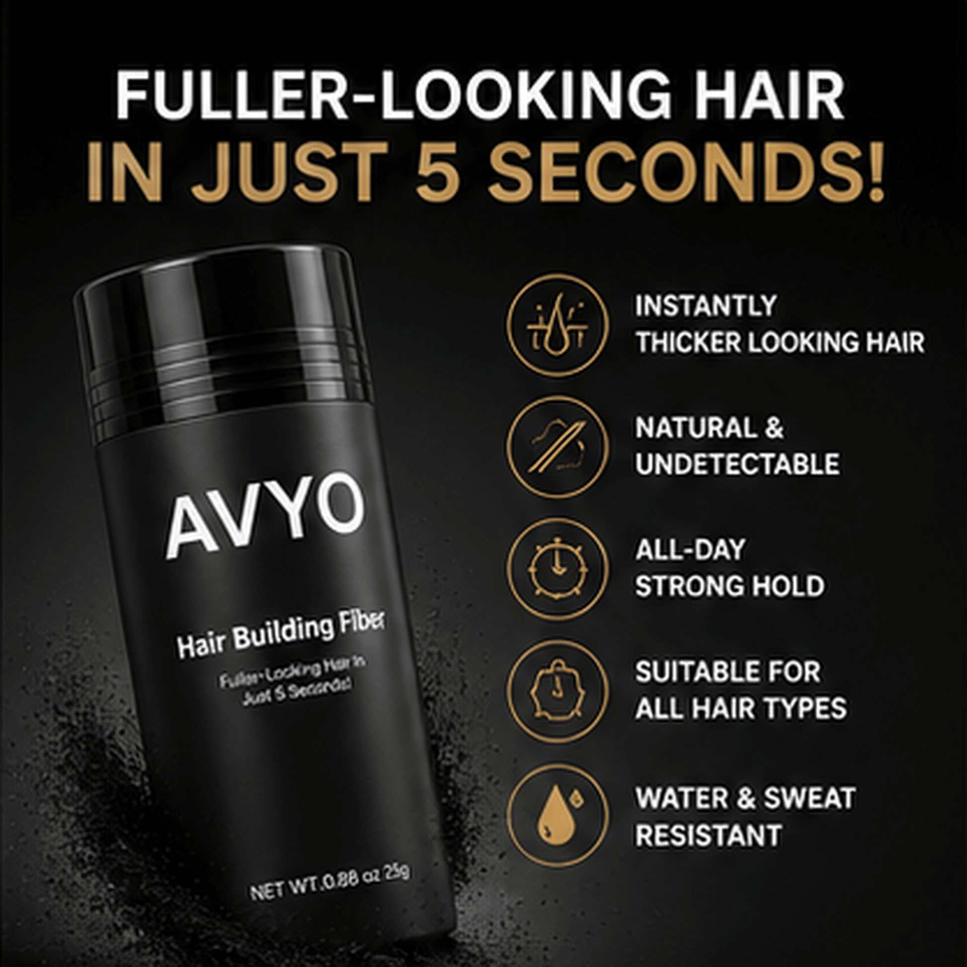 Black | Hair Building Fibers | Fuller Looking Hair | 0.88 oz - 25g | AVYO by AVYO | SH Salons