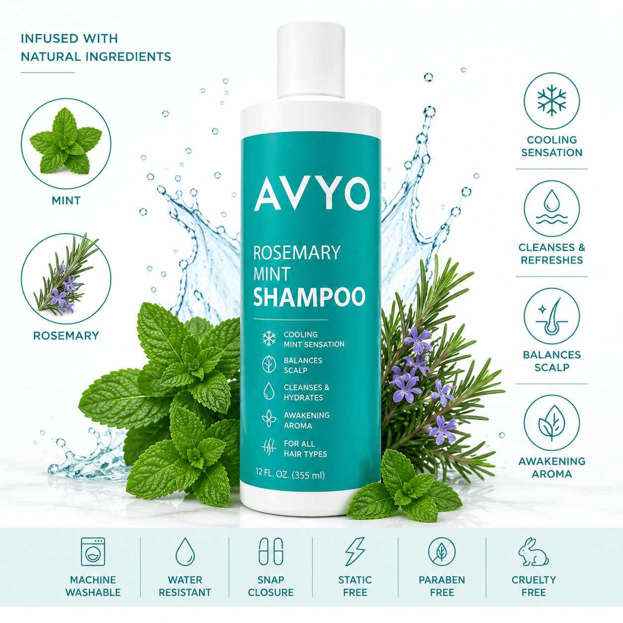 Rosemary Peppermint Shampoo | Cooling Mint Sensation | 12 fl. oz | AVYO by AVYO | SH Salons
