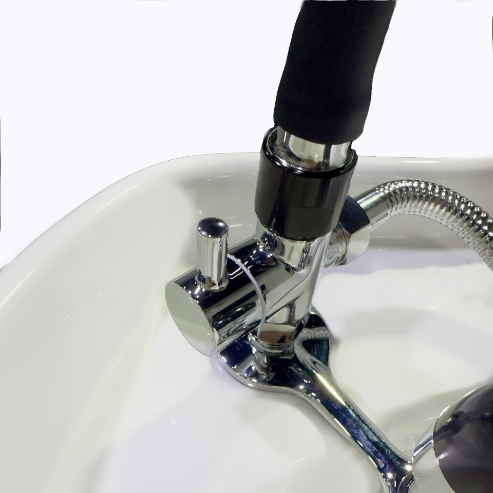 Detail image of the hardware on the SSW Cloudburst Halo Head Spa Conversion Kit. 