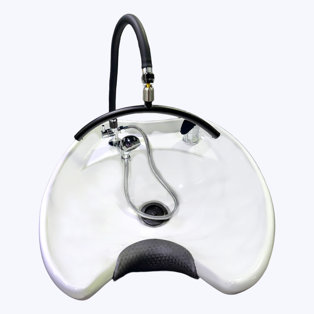 The SSW Cloudburst Halo Head Spa Conversion Kit with UPC Faucet installed on a shampoo bowl.