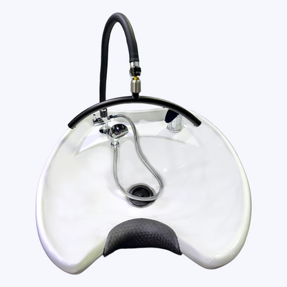 The SSW Cloudburst Halo Head Spa Conversion Kit with UPC Faucet installed on a shampoo bowl.