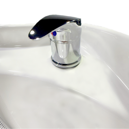 Closeup of the UPC faucet on the SSW Cloudburst Halo Head Spa Conversion Kit. 