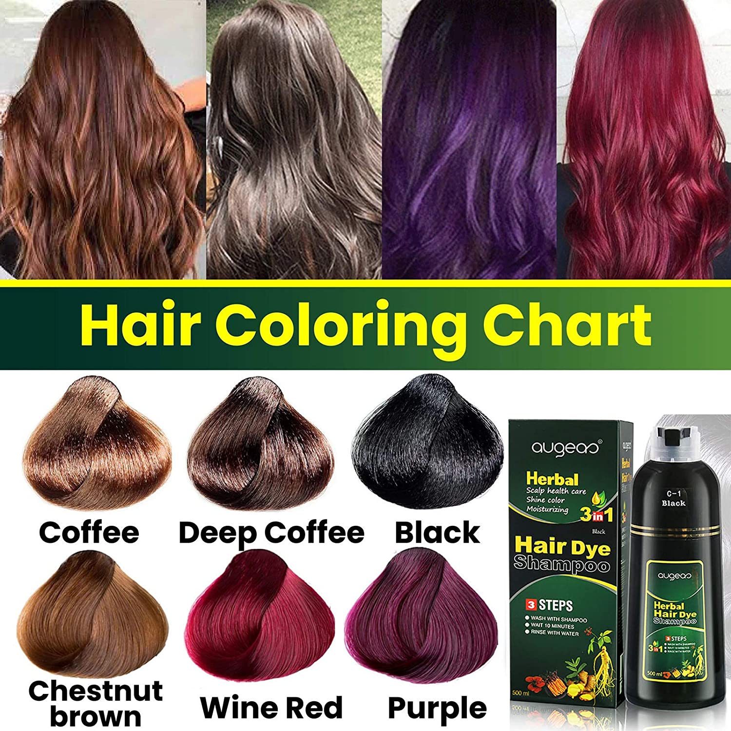Black Hair Color Shampoo | 3 in 1 with a FREE Pair of Gloves | 500ml / 16.9 Fl Oz | Grey Hair Coverage | AUGEAS - SH Salons