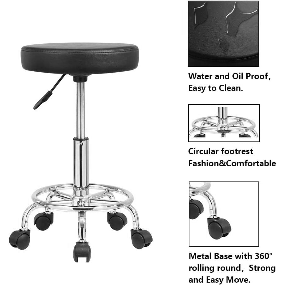 DK-98016 | Leather Round Rolling Stool with Foot Rest | Swivel Height Adjustment - SH Salons