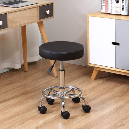 DK-98016 | Leather Round Rolling Stool with Foot Rest | Swivel Height Adjustment - SH Salons