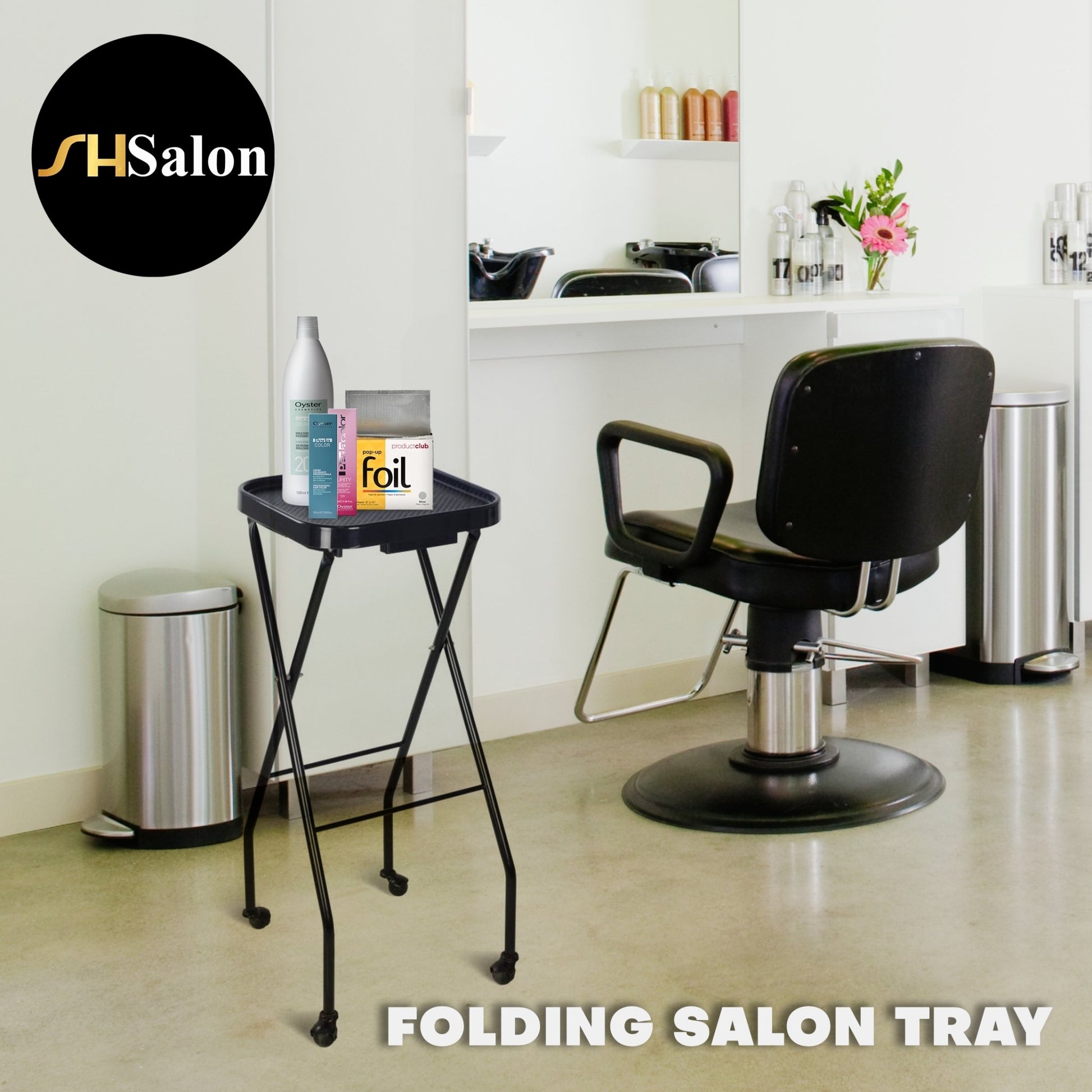 SF-001 | Folding Salon Tray | Tray Station Black on Wheels | Hair Salon Accessories - SH Salons